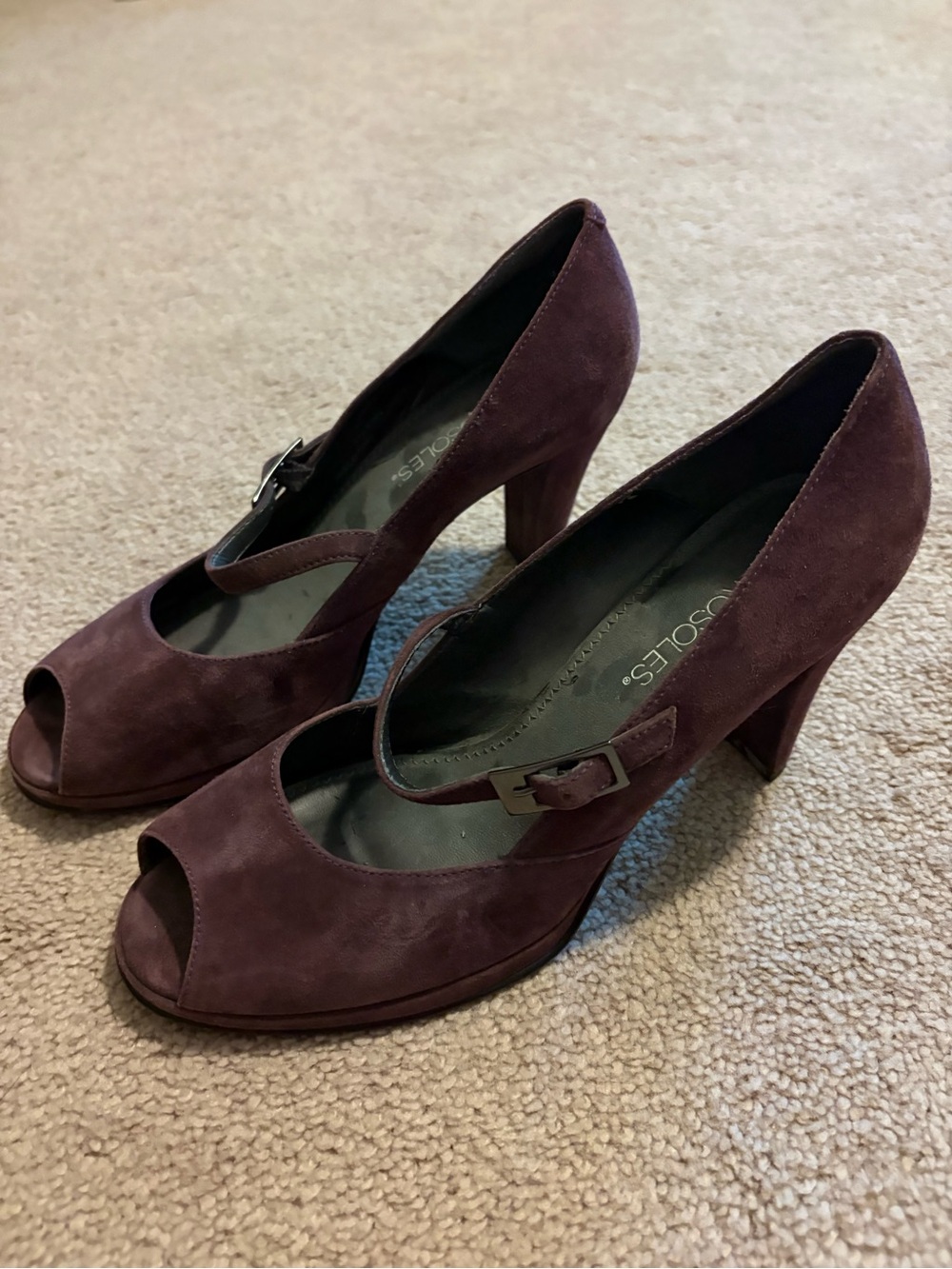 AEROSOLES Plum Suede Mary Jane Peep-Toe Heels